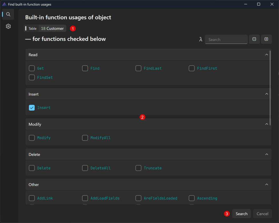 Prism for AL: Select built-in functions to search for