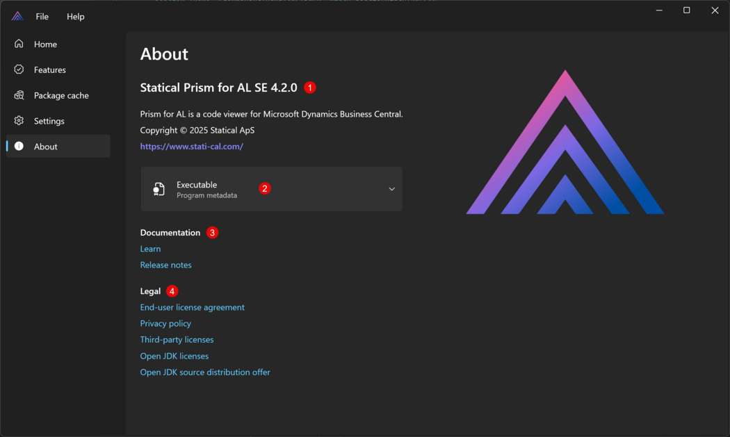 Prism for AL - Main window with about page