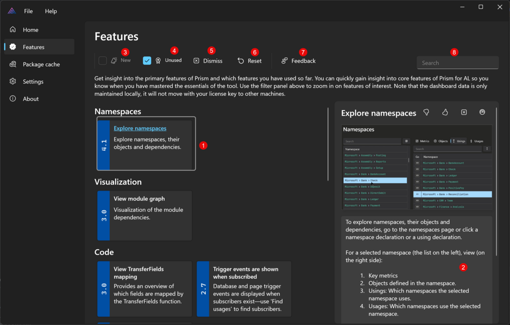 Prism for AL Main window with Features page