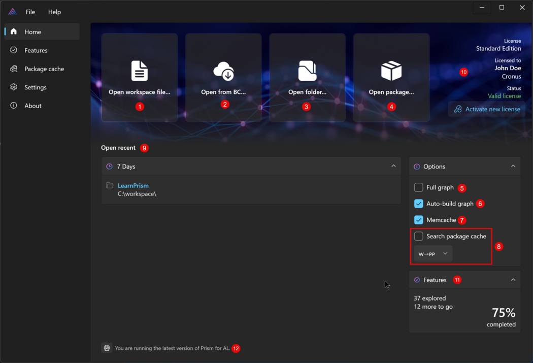 Prism for AL Main window with Home page