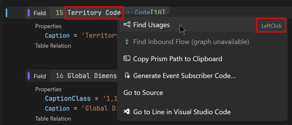 Prism for AL left-click declaration to find usages