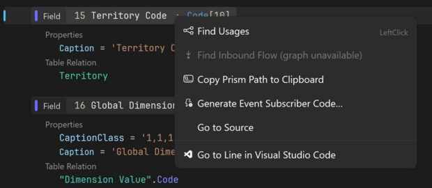 Prism for AL left-click declaration to find usages