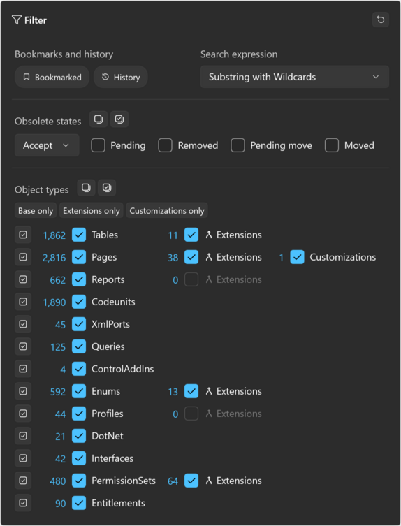 Prism for AL objects panel filter