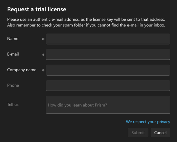 Prism for AL: Request trial license window
