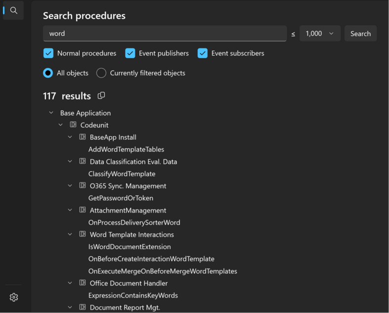 Prism for AL: Search procedures by name