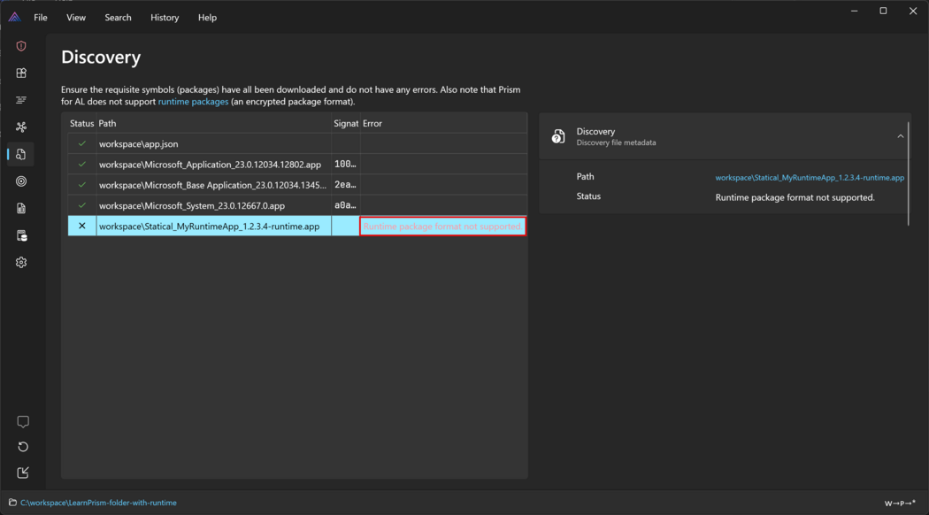 Prism for AL - discovery page with runtime package error