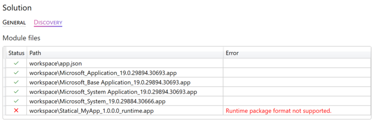 Prism for AL solution discovery tab with runtime package error