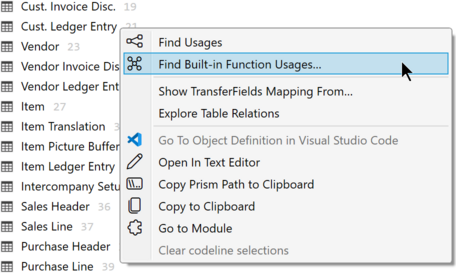 Prism for AL: Invoke Find Built-in Function Usages from object-level menu