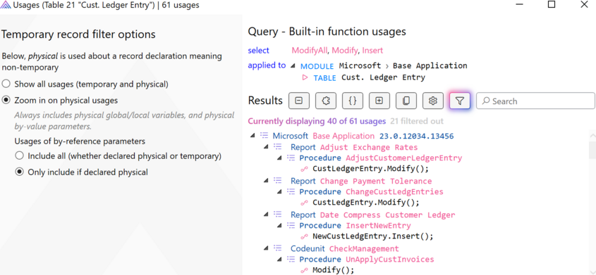 Prism for AL: Find built-in function usages result. Filter table functions usages to where the table is non-temporary.