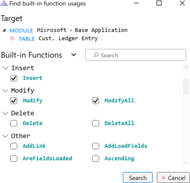 Prism for AL: Select built-in functions to find usages of