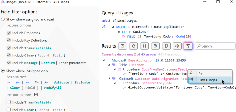 Prism for AL: Find usages and filter to where a field is assigned a value