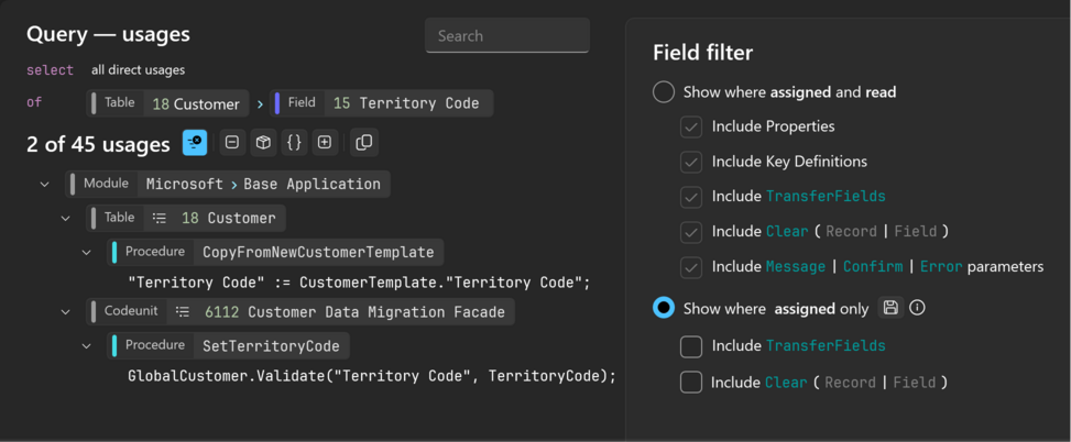 Prism for AL: Find usages and filter to where a field is assigned a value