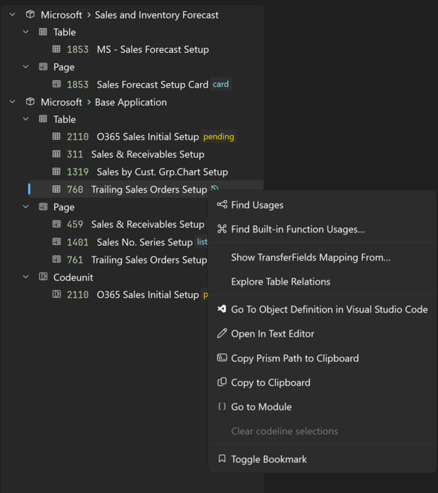 Prism for AL object-level menu
