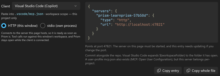Prism for AL: the MCP client config card with Visual Studio Code (Copilot) and HTTP selected