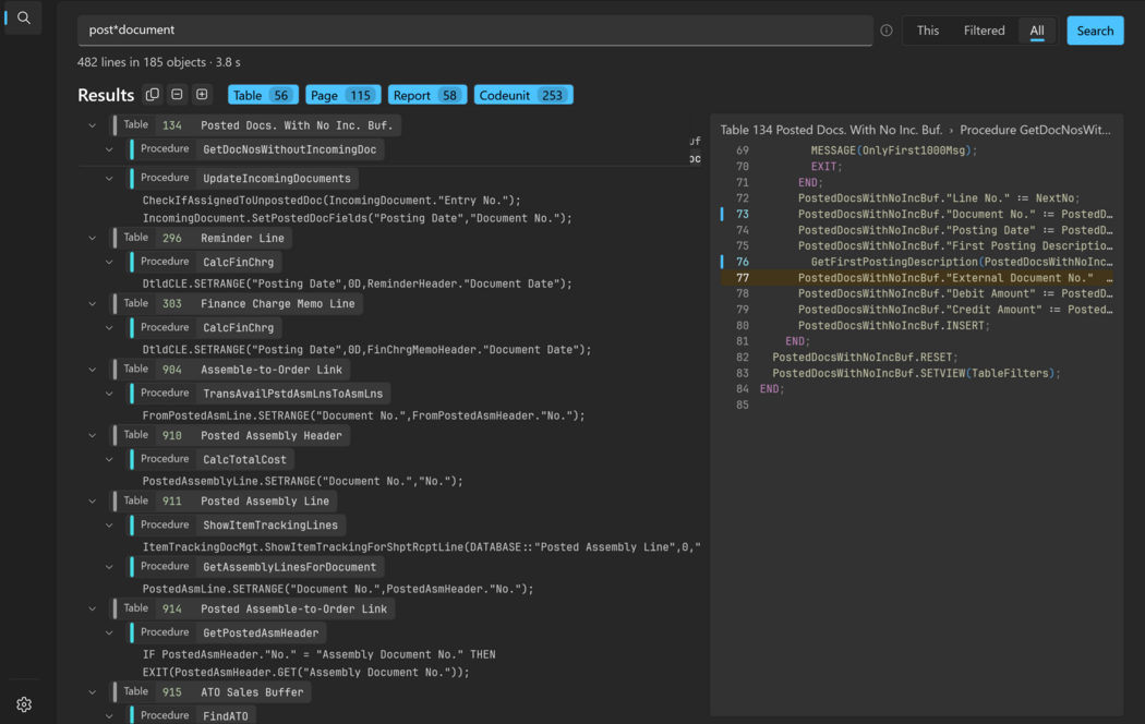 Prism for C/AL Code Lines object type chips, results tree and preview of the selected match