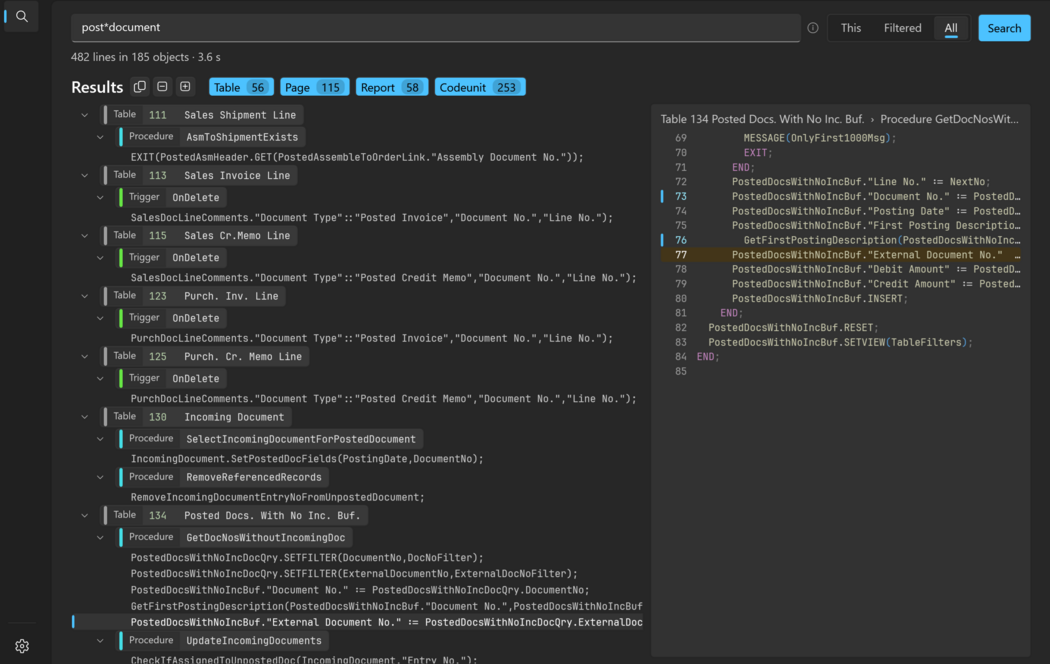 Prism for C/AL Code Lines window with results and a preview of the selected match
