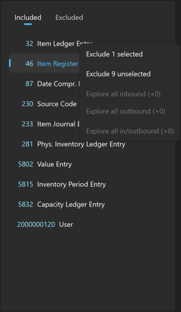 Prism for C/AL Explore table relations Objects panel with an included table selected and its context menu open