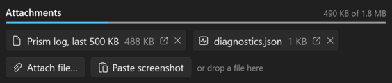 The attachments of the Feedback window: the log, diagnostics and a pasted screenshot as chips, with the attach buttons