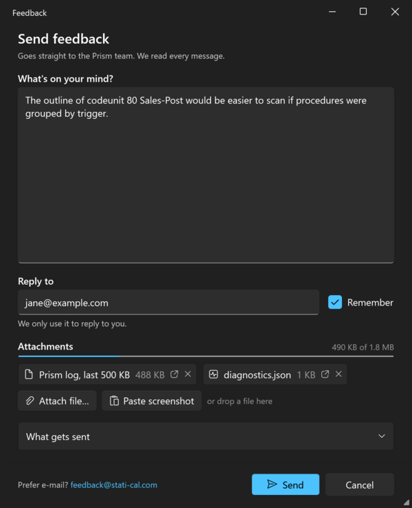 Prism for C/AL Feedback window with a message and attachments