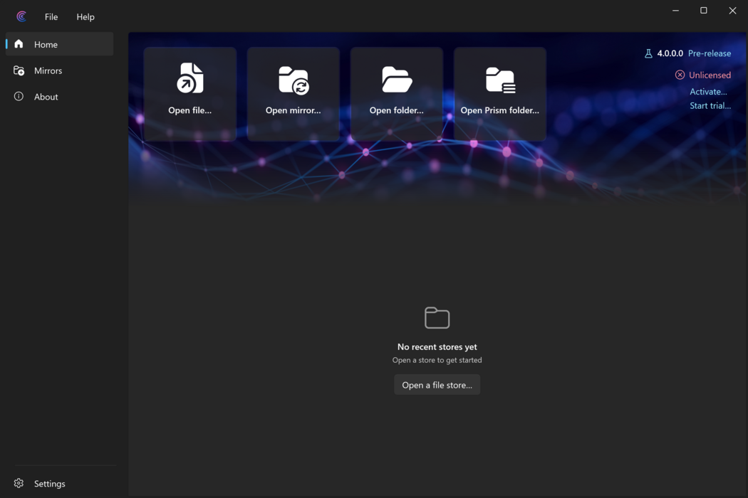 Prism for C/AL main window on the Home page, with no license installed and no recent object stores