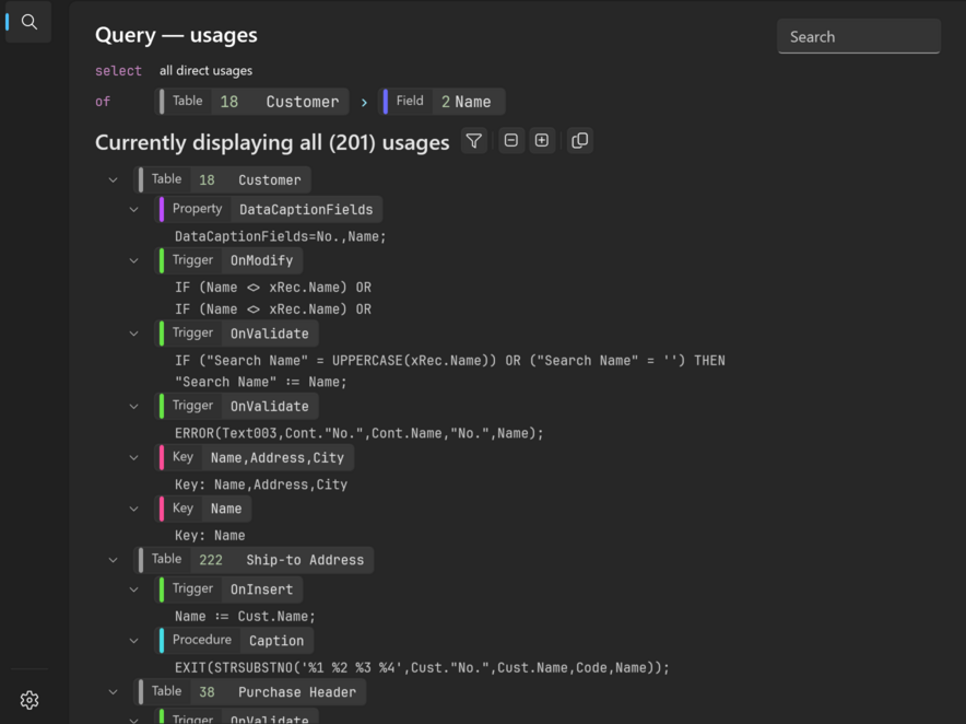 Prism for C/AL usages window listing where the Name field of table 18 Customer is used, grouped by object