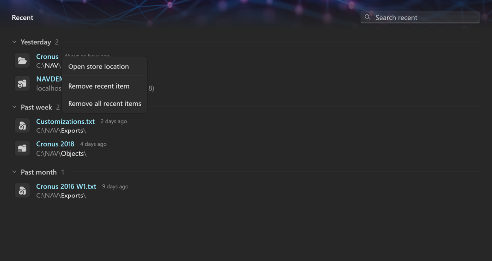 The recent list on the Home page, grouped by Today and Past week, with the context menu of a row open