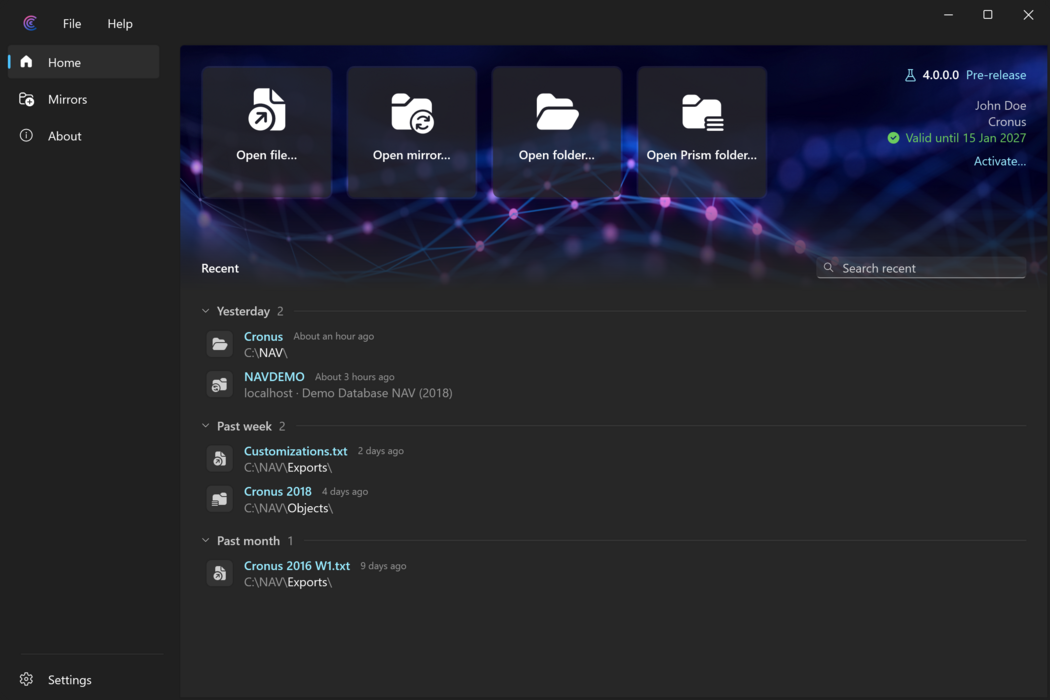 Prism for C/AL main window with the Home page and a list of recent object stores