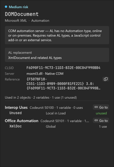 Prism for C/AL Interop References detail pane for a selected type, with its risk, AL replacement, identity and the objects that use it