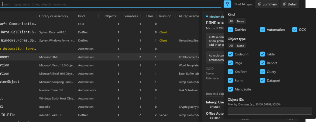 Prism for C/AL Interop References filter popup with kind, object type and object ID filters