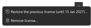 The Current row of the Activate license window with its more options menu open