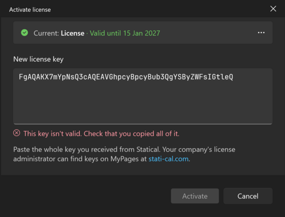 The Activate license window with a rejected key, its message in red, and the Activate button disabled