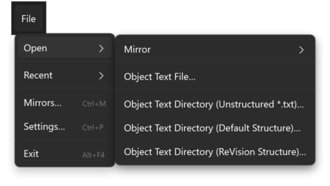 Prism for C/AL main window with the File menu and its Open submenu open