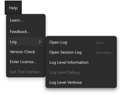 Prism for C/AL main window with the Help menu and its Log submenu open