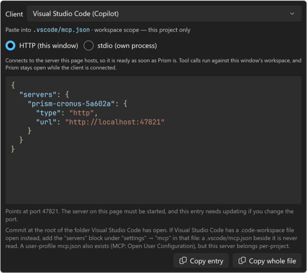 The mcp.json popup with Visual Studio Code (Copilot) and HTTP selected