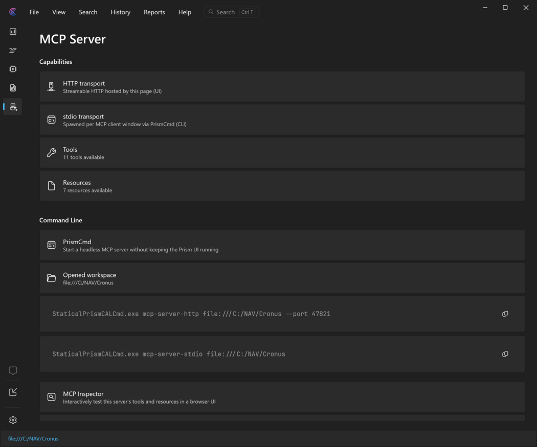 The Capabilities and Command Line sections of the MCP Server page, with the MCP Inspector command lines