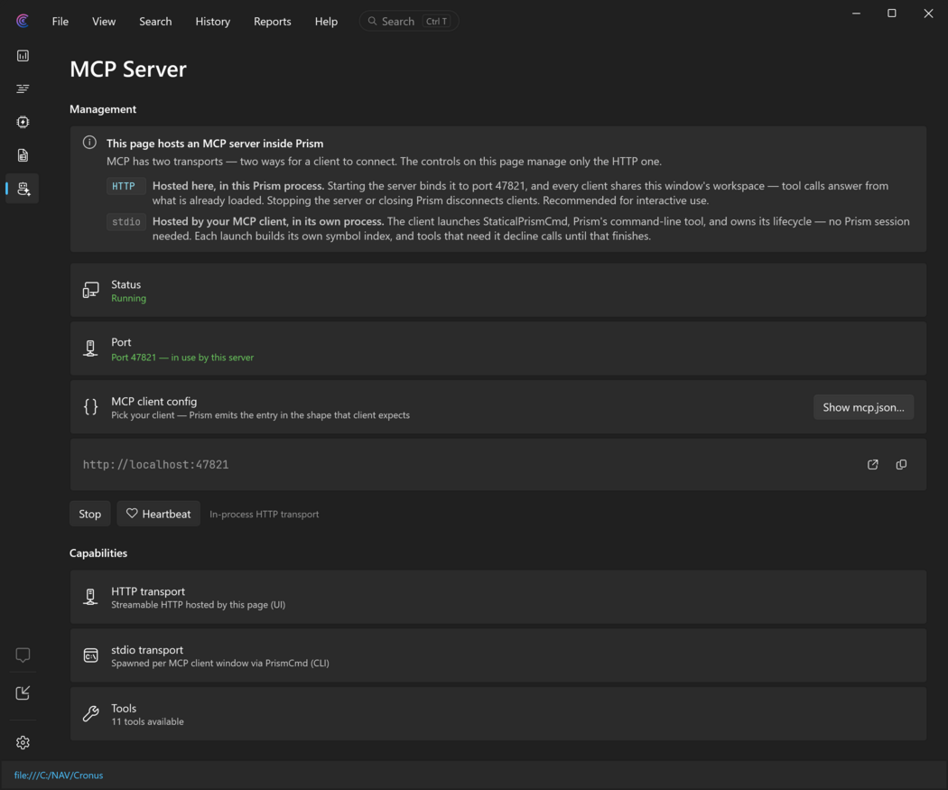 The MCP Server page of a workspace window with the server running on port 47821