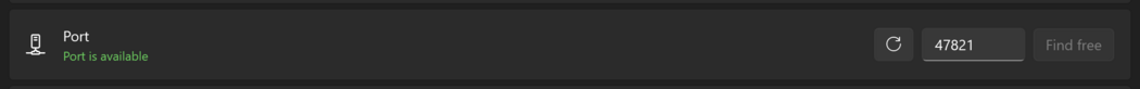 The Port card of the MCP Server page with the server stopped and the port available