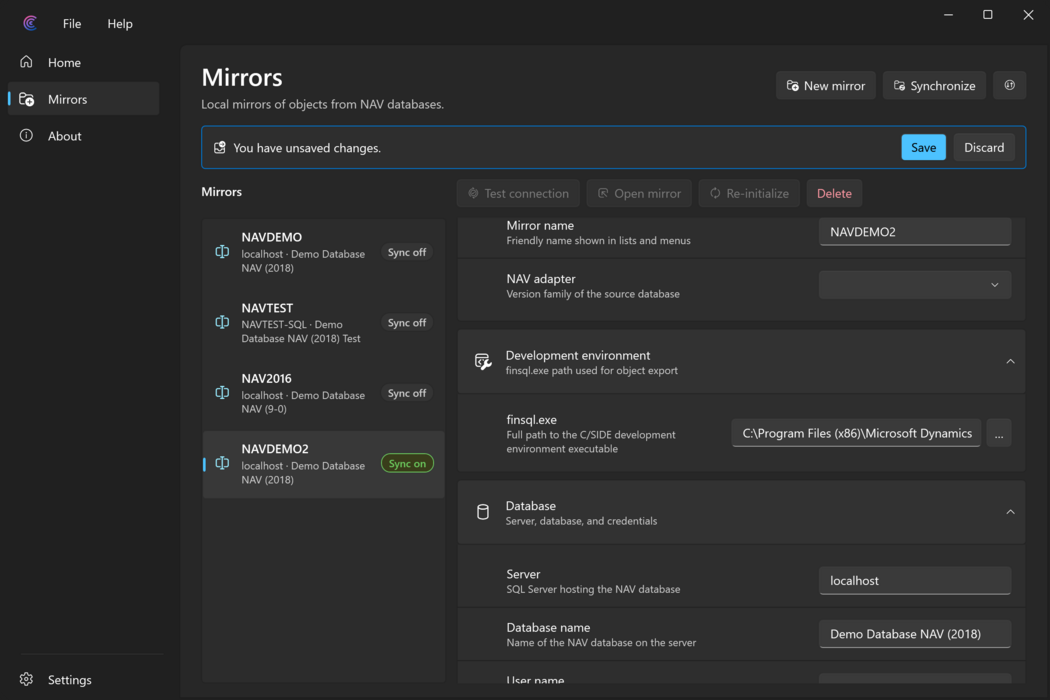 A new mirror filled in on the Mirrors page, with the unsaved changes banner showing