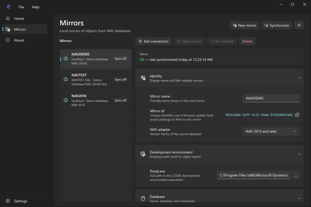 Prism for C/AL Mirrors page with a synchronized mirror selected