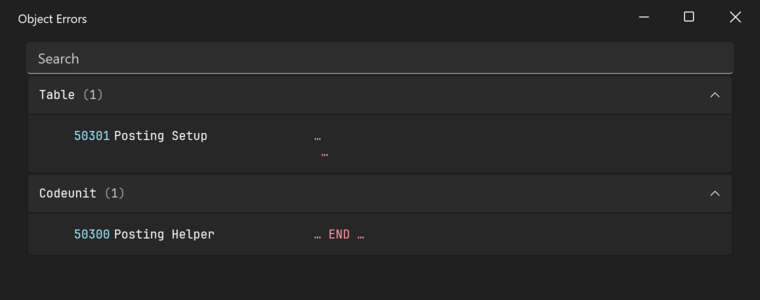 Prism for C/AL Object Errors window listing failed objects by type with their diagnostics