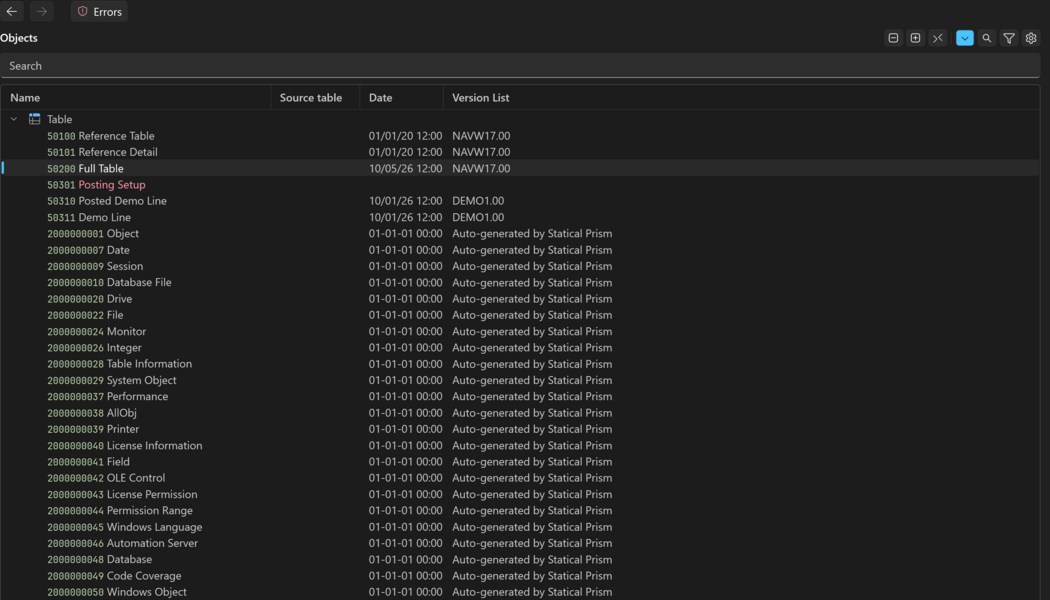 Prism for C/AL object index filling the page, with Name, Source table, Date and Version List columns