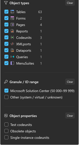 Prism for C/AL object index filter popup with object types, granules and object properties