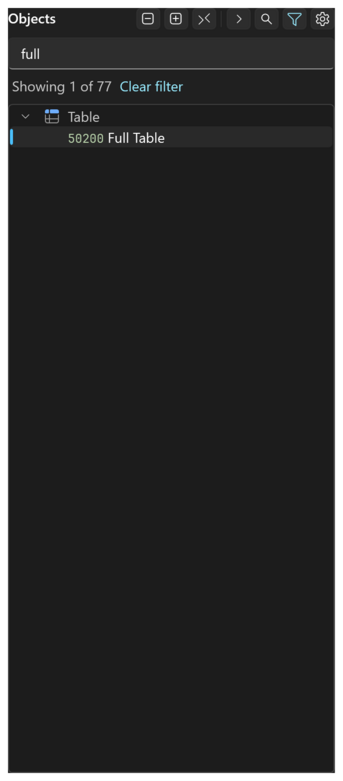 Prism for C/AL object index narrowed by a search and a type filter, with the Showing X of Y line and Clear filter