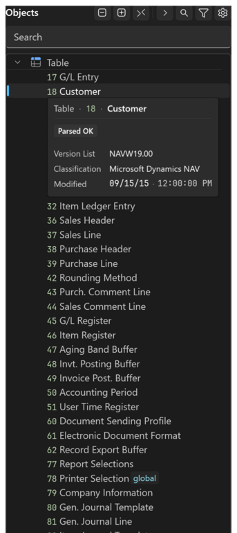Prism for C/AL object index scrolled into a type group with its row pinned, and the summary card of an object