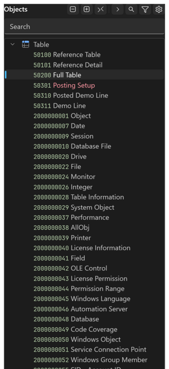 Prism for C/AL object index with its toolbar, search box and the objects grouped by type