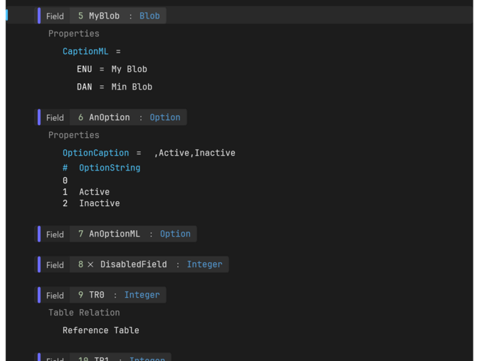 Prism for C/AL Prism tab with table fields and their properties: a caption per language and an Options grid