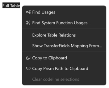 Prism for C/AL object view with the context menu of a table's heading open