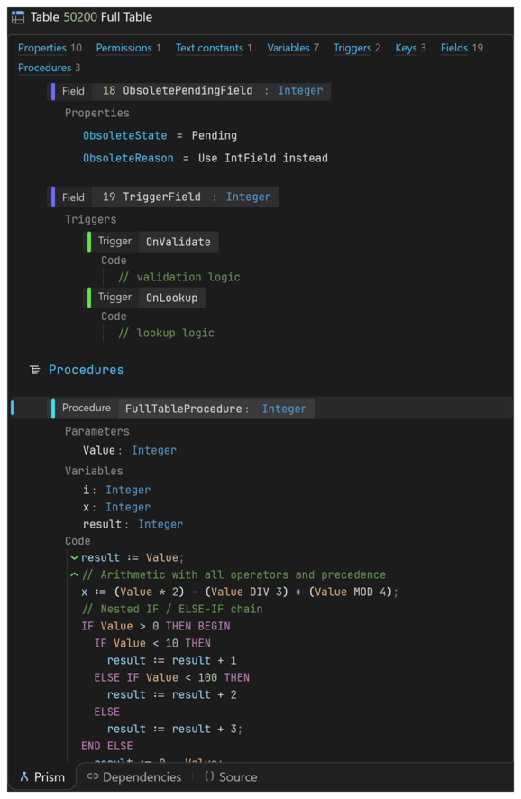 Prism for C/AL object view of a table on the Prism tab, with two code lines selected
