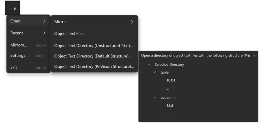 Prism for C/AL control panel with File › Open open and the tooltip of Object Text Directory (Default Structure) showing the folder layout