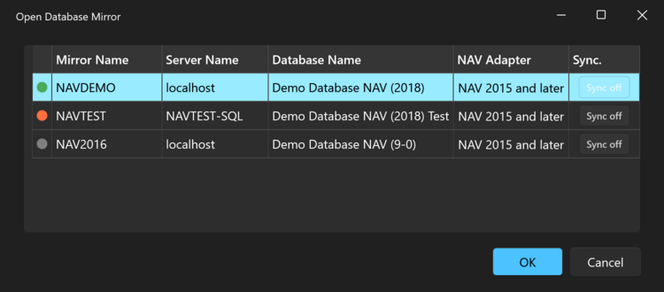 Prism for C/AL Open Database Mirror dialog listing mirrors with their status, server, database, NAV adapter and synchronization